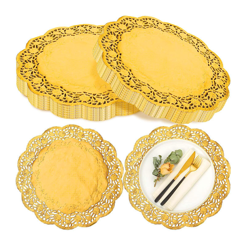 Customized 4 6 8 10 12 inches disposable greastproof white round placemats lace gold foil round paper lace table paper doilies