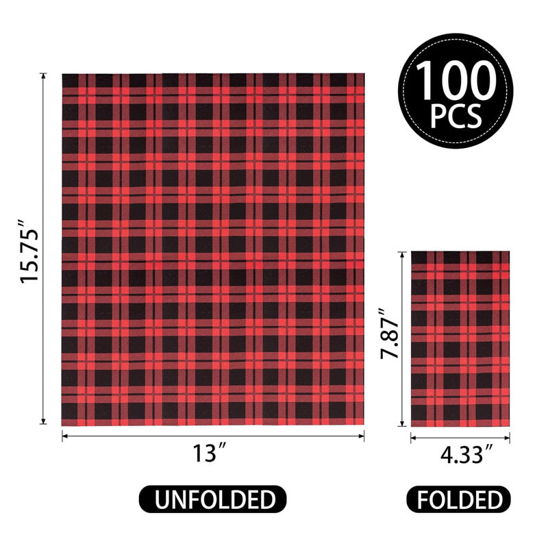 Natural custom napkins with logo red black checkered pattern premium 3ply disposable christmas party dinner paper napkins