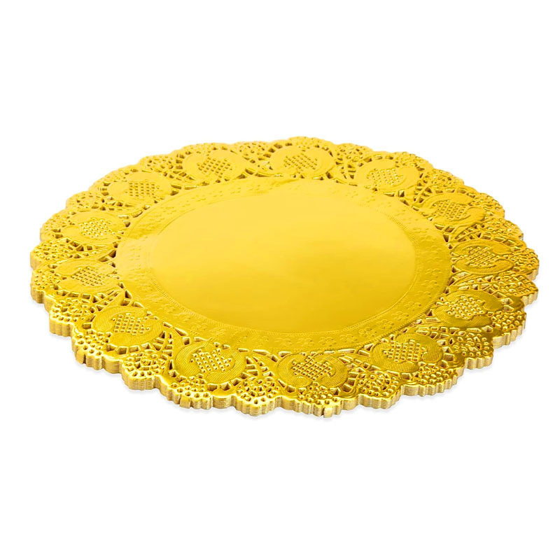 Customized 4 6 8 10 12 inches disposable greastproof white round placemats lace gold foil round paper lace table paper doilies