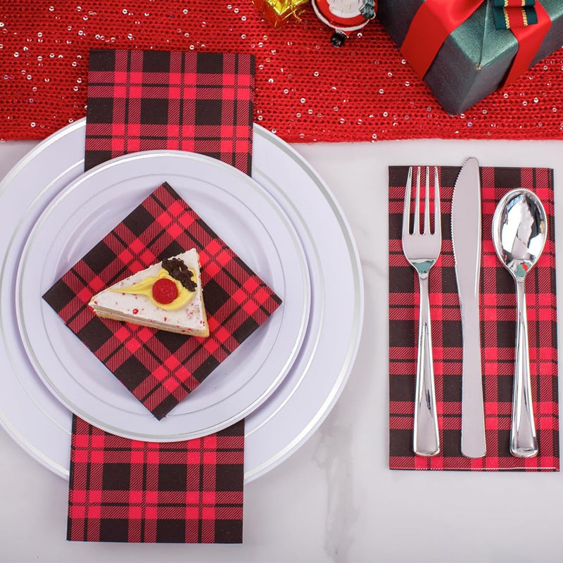 Natural custom napkins with logo red black checkered pattern premium 3ply disposable christmas party dinner paper napkins