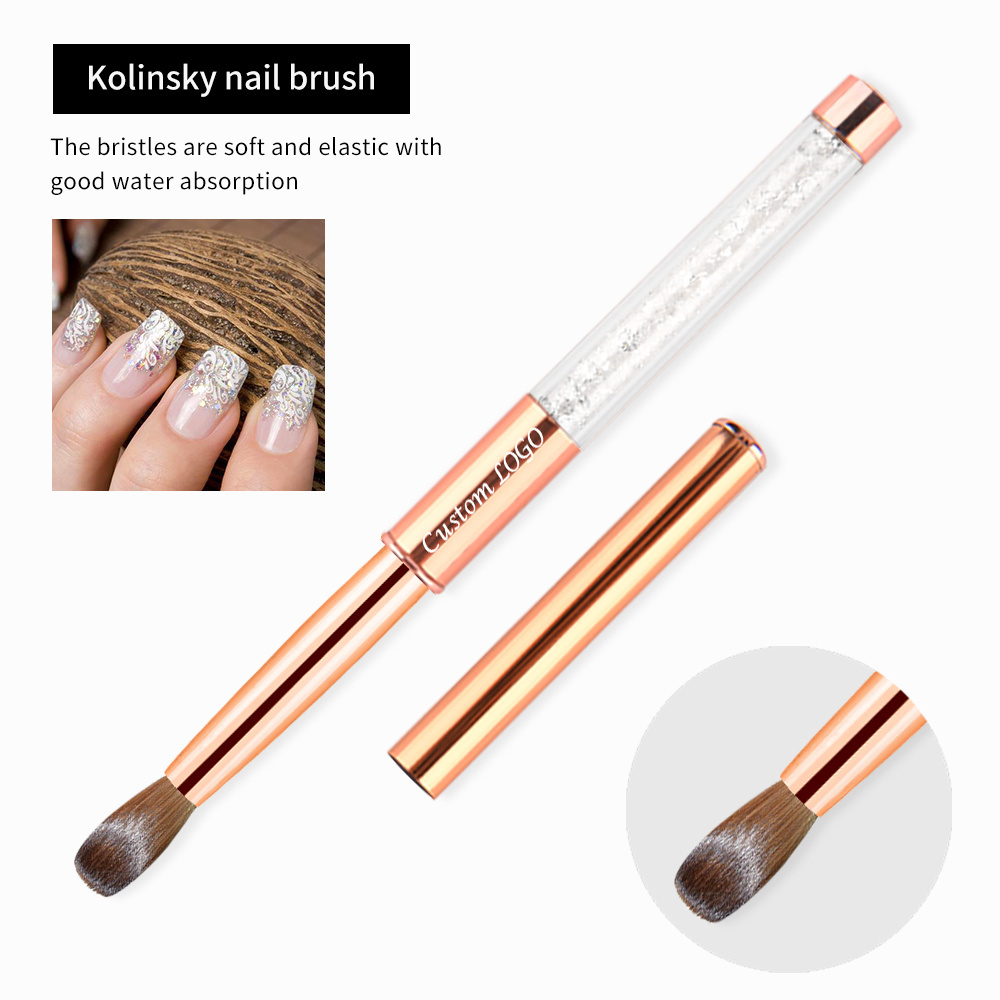 New Styles Custom LOGO Rhinestone Handle Professional Nail Art Tools Oval Acrylic Kolinsky Hair Nail Brush Size 8 Rose Gold