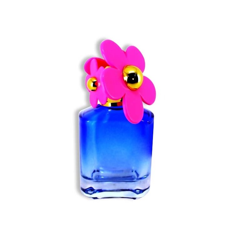 70ml blue and rose skirt shaped fancy glass perfume bottle with flower cap