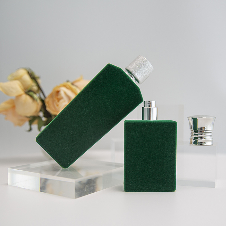 Funny 30ml 50ml Square Spray 50 Ml 85 Ml Glass Parfum Botol Surface Flocking Green Small Glass Personalized Perfume Bottle