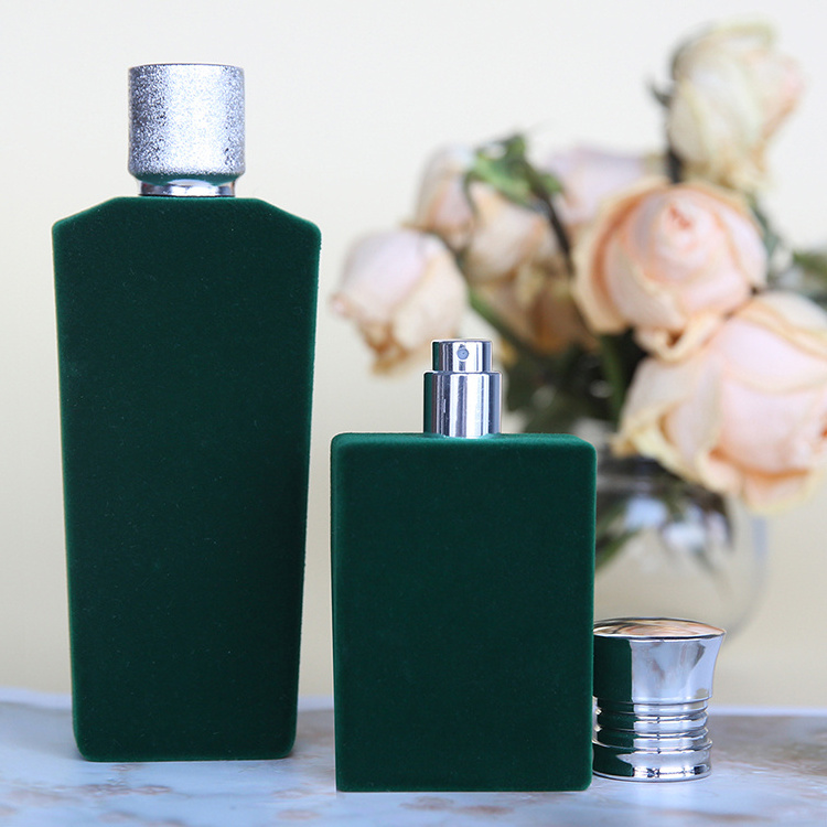 Funny 30ml 50ml Square Spray 50 Ml 85 Ml Glass Parfum Botol Surface Flocking Green Small Glass Personalized Perfume Bottle