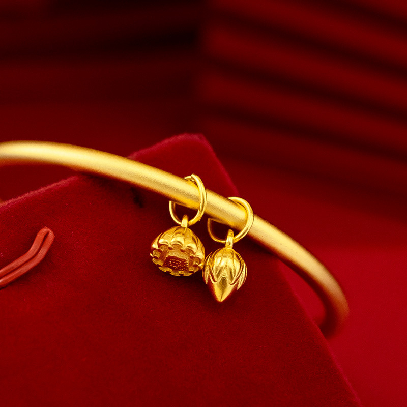 Vintage Chinese Style Women's Bracelet Lotus Blossom Design with Sand Gold Finish Gold Plated Bangles Vietnam Jewelry