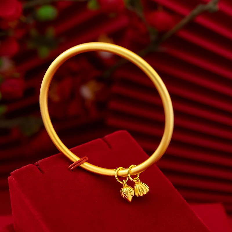 Vintage Chinese Style Women's Bracelet Lotus Blossom Design with Sand Gold Finish Gold Plated Bangles Vietnam Jewelry