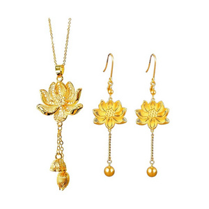 Golden Lotus Copper and Alloy Plated Necklace and Earrings 18k Gold Plated Jewelry for Female Restoring Ancient Ways