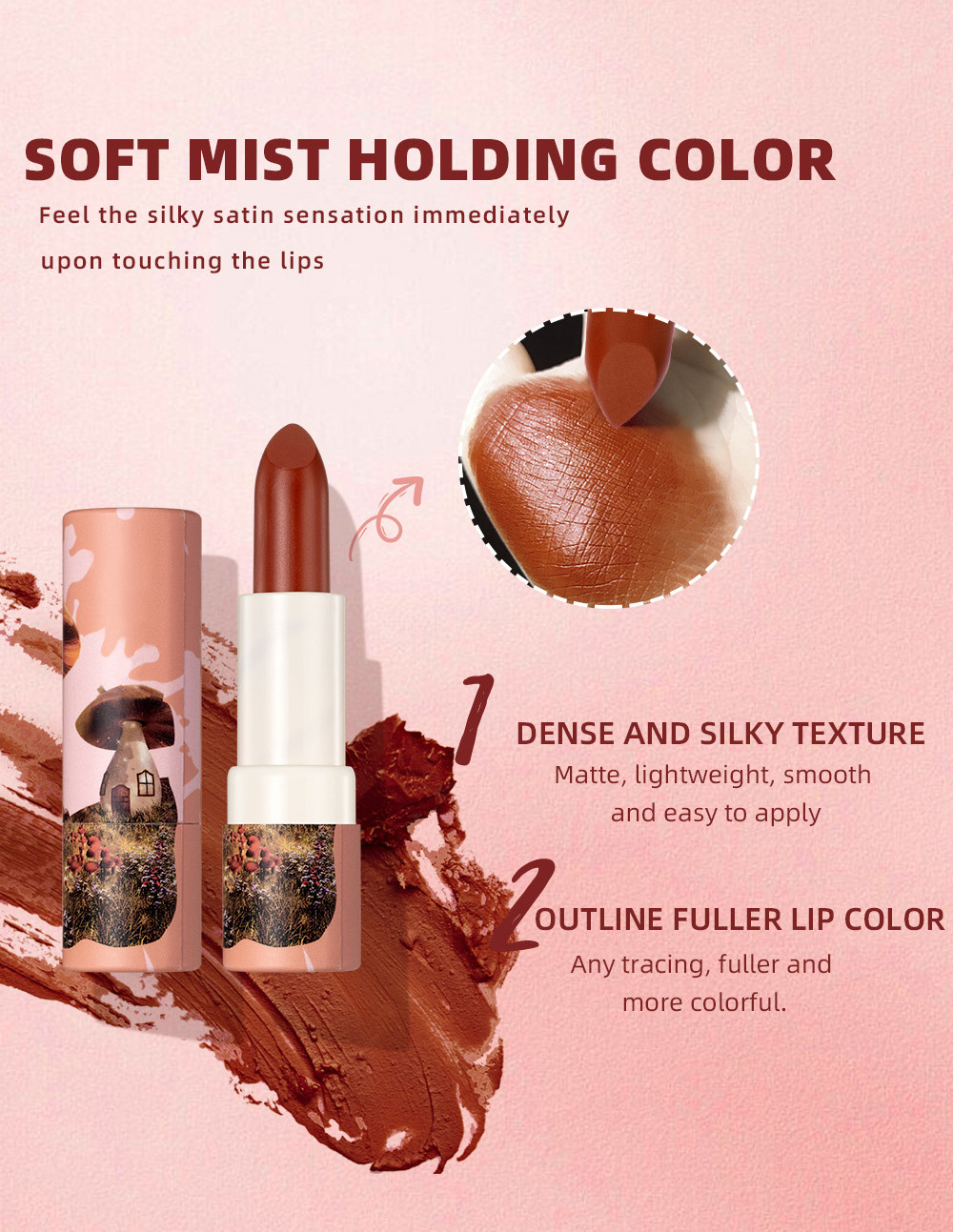 6 colors Long-lasting Waterproof Rich-color High-pigmented Silky Velvet Matte Paper Bottle Mushroom Dream House Lipstick