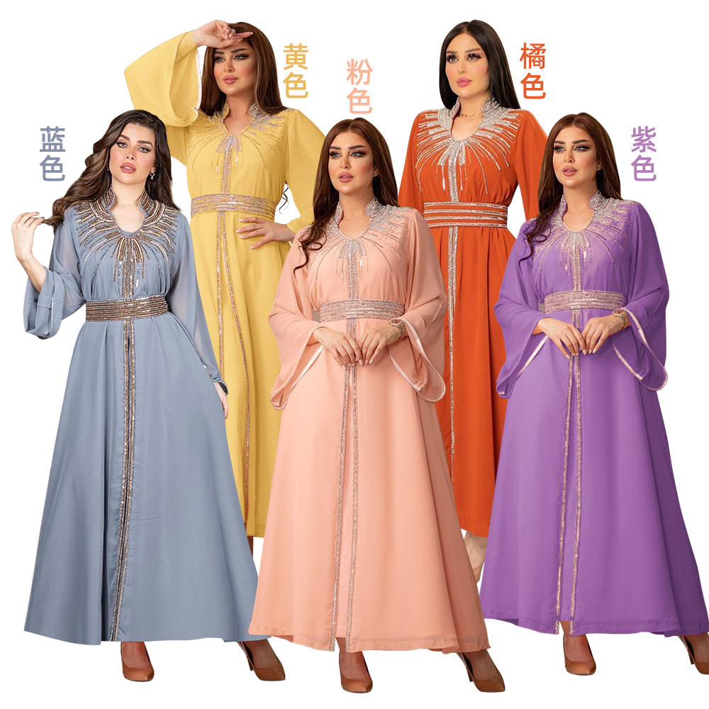 2023 New spot Arabian gown Middle East Kaftan fashion hot diamond with belt chiffon dress skirt manufacturer wholesale