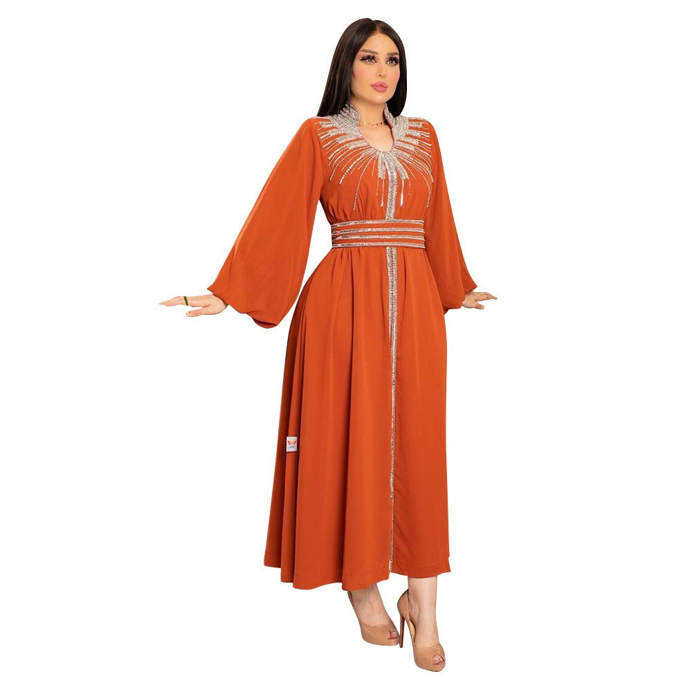 2023 New spot Arabian gown Middle East Kaftan fashion hot diamond with belt chiffon dress skirt manufacturer wholesale