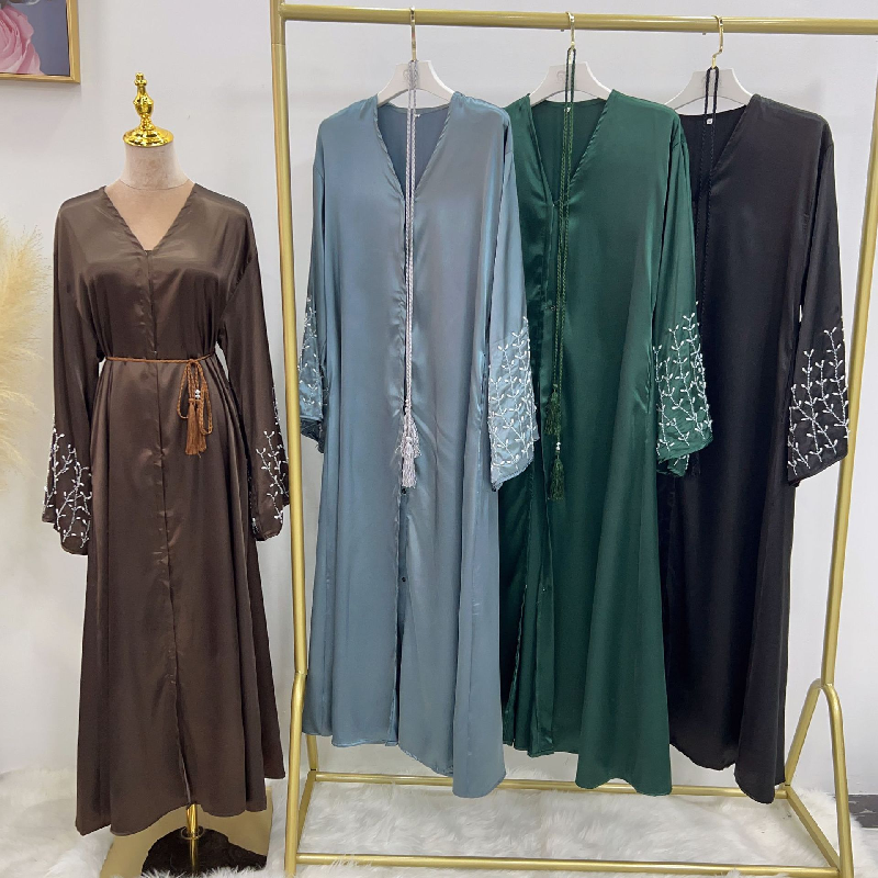 2024 New Design Islamic Clothing Satin Hand made Pearls Dubai Abaya Women Muslim Dress Open Modest Abaya maxi dress ladies muslim