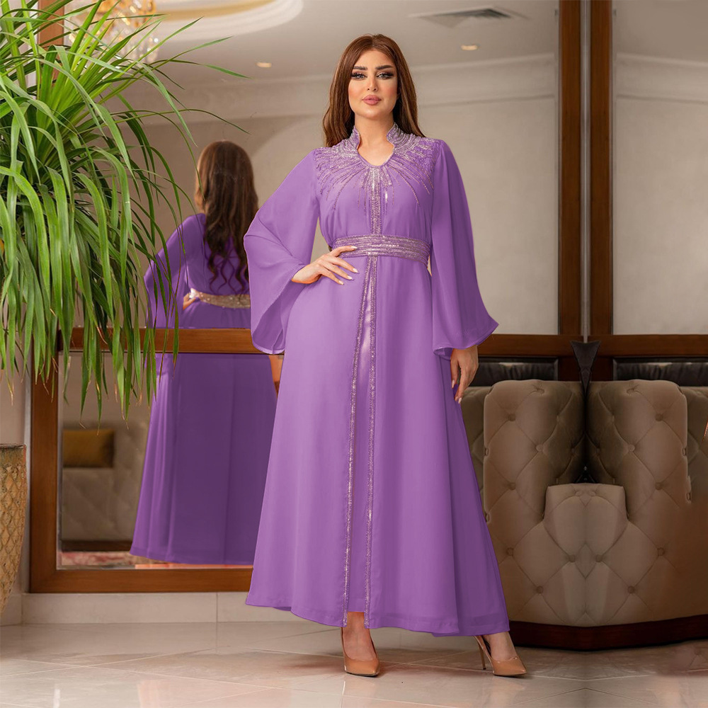 2023 New spot Arabian gown Middle East Kaftan fashion hot diamond with belt chiffon dress skirt manufacturer wholesale