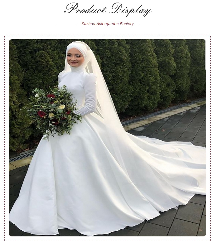 Simple Satin Muslim Wedding Dresses High Neck Long Sleeves Hijab Bridal Gowns