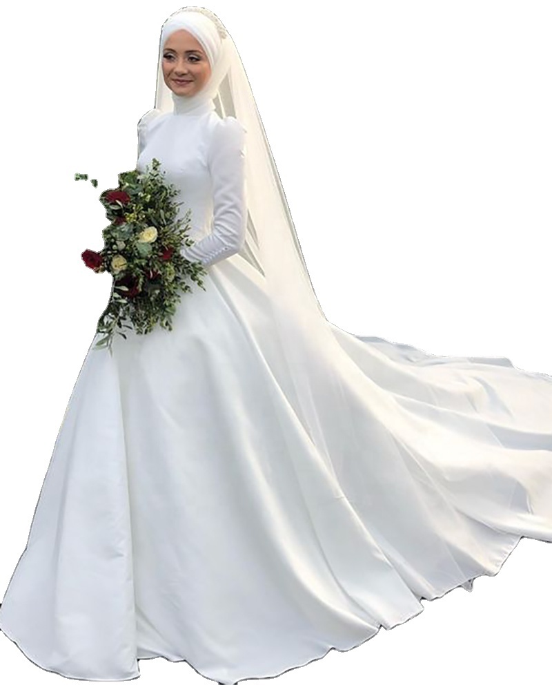 Simple Satin Muslim Wedding Dresses High Neck Long Sleeves Hijab Bridal Gowns