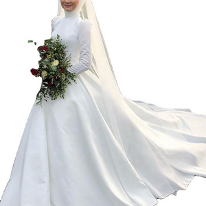 Simple Satin Muslim Wedding Dresses High Neck Long Sleeves Hijab Bridal Gowns