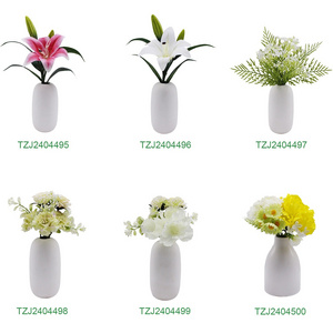 High Quality Custom White Greenish Lily Bonsai Fake Flowers Green Plants Potted Artificial Home With Pots