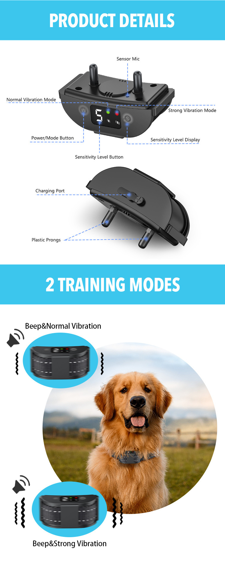 Tize No Bark Collar OEM No Harm Humane No Bark Collar No Shock Bark Dog training collar