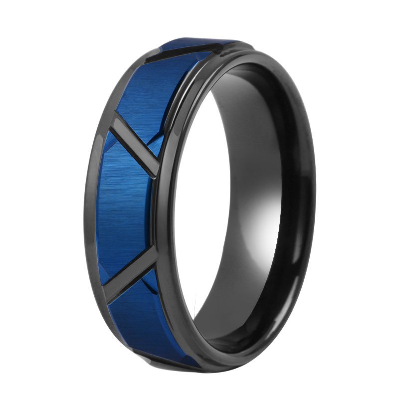 High quality man wedding band blue groove brush tantalum carbide ring