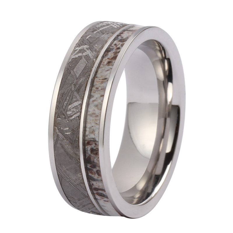 His Her Anniversary Unique Gift TIZTI Ring 8mm Dome Deer Antler and Real Meteorite inlay Tungsten Luxury Wedding Bands