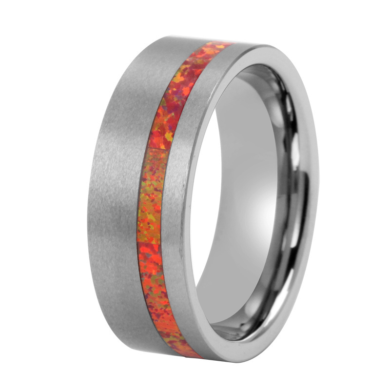 Red Opal Inlay Silver Tone Men Ring Tungsten Carbide Wedding Bands