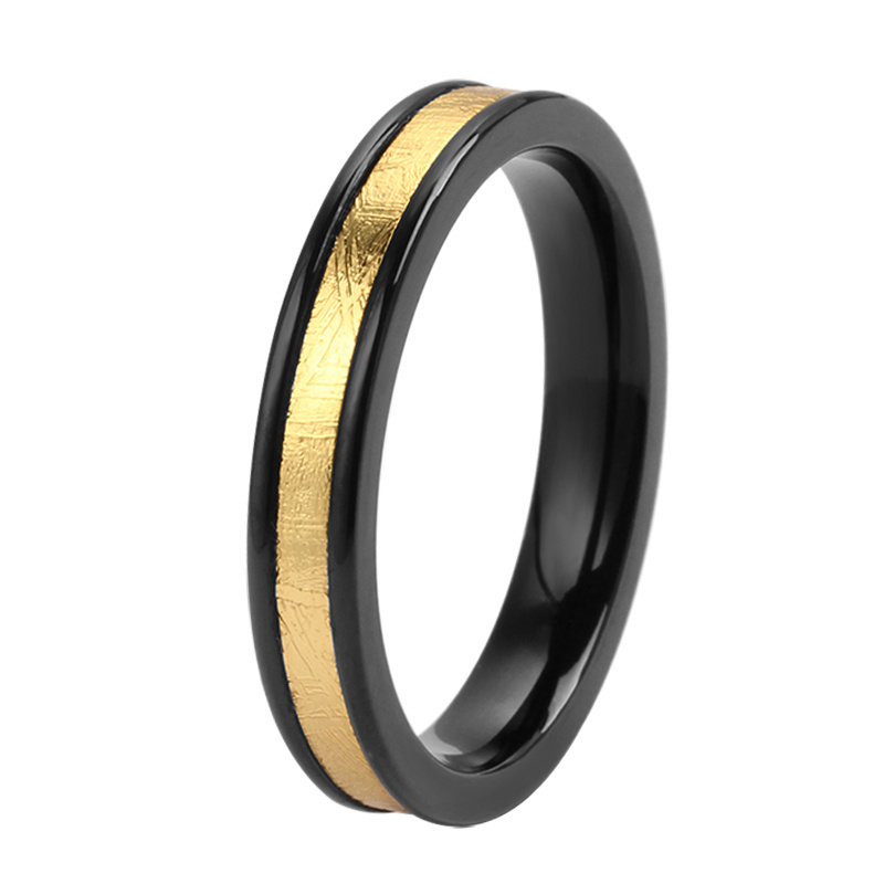 Stainless Steel Thin Width Groove Center Gold Plating Genuine Meteorite Women Ring Black Zirconium Wedding Band