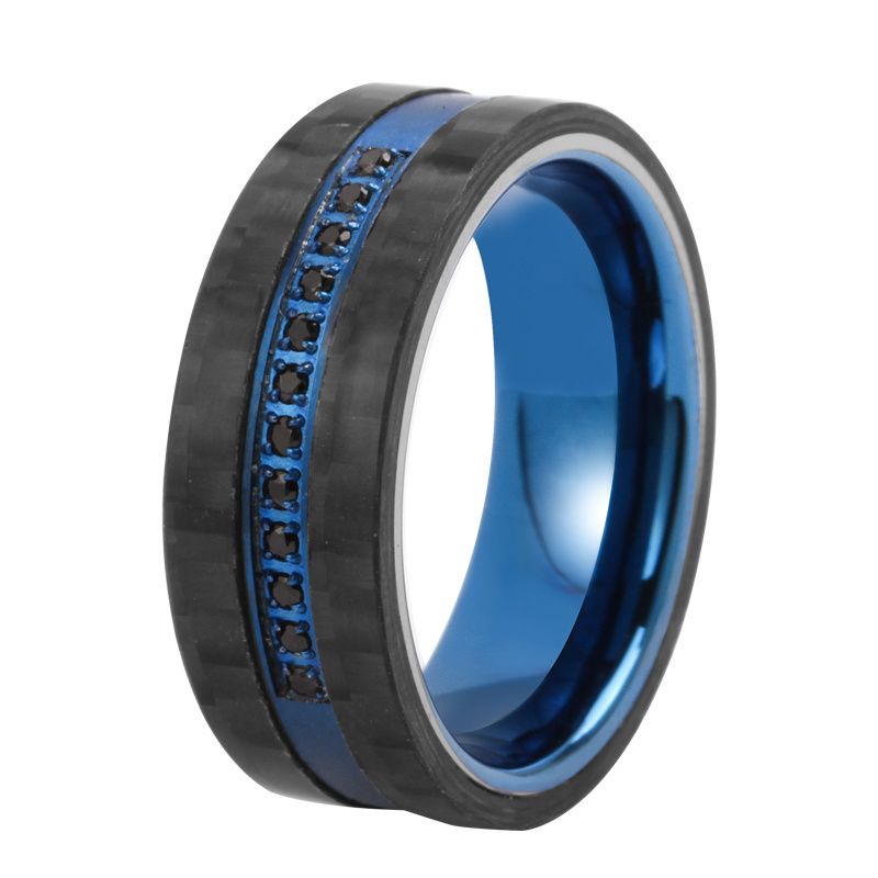 Tizti Jewelry Fashion Black Blue Forged Carbon Fiber Ring for Men Ring Tungsten Wedding Band