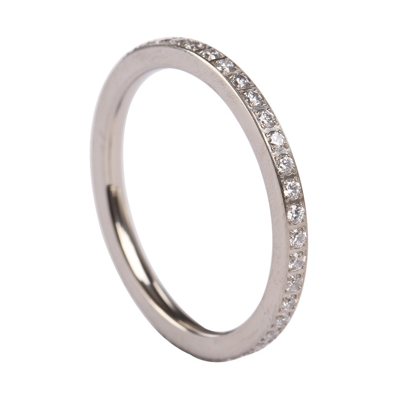 2MM Crystal Stones CZ Thin Titanium Wedding Band For Women Stainless Steel Jewelry Rings