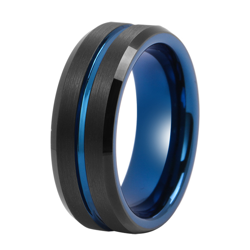 Men Rings Jewelry Flat Shape 8MM Blue Mens Wedding Bands blue thin line black Tungsten carbide ring