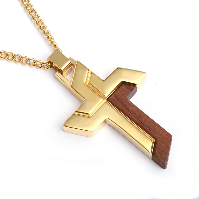 Custom Design Jewelry Men Necklace Wood Cross Necklace Stainless Steel Jewelry Cross Pendants Religious Jewelry