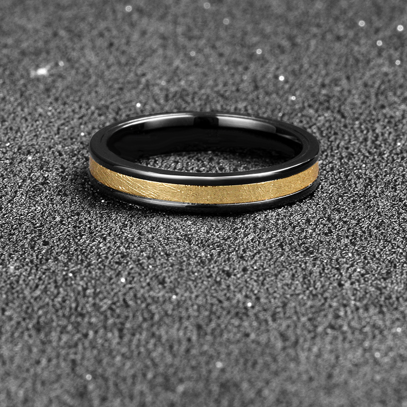 Stainless Steel Thin Width Groove Center Gold Plating Genuine Meteorite Women Ring Black Zirconium Wedding Band