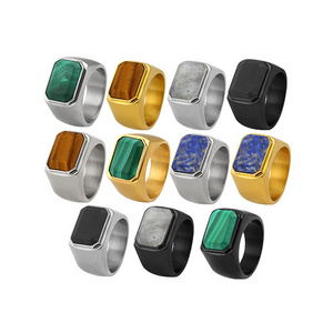 Custom ring Classic Generous Gemstone Mens Titanium Stainless Steel Rings fine jewelry Inlay Malachite Gold Wedding Ring for Men