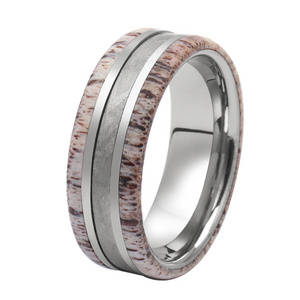 His Her Anniversary Unique Gift TIZTI Ring 8mm Dome Deer Antler and Real Meteorite inlay Tungsten Luxury Wedding Bands