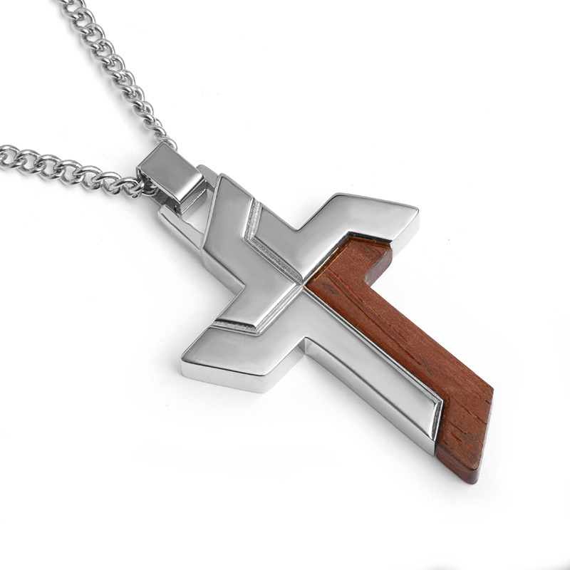 Custom Design Jewelry Men Necklace Wood Cross Necklace Stainless Steel Jewelry Cross Pendants Religious Jewelry