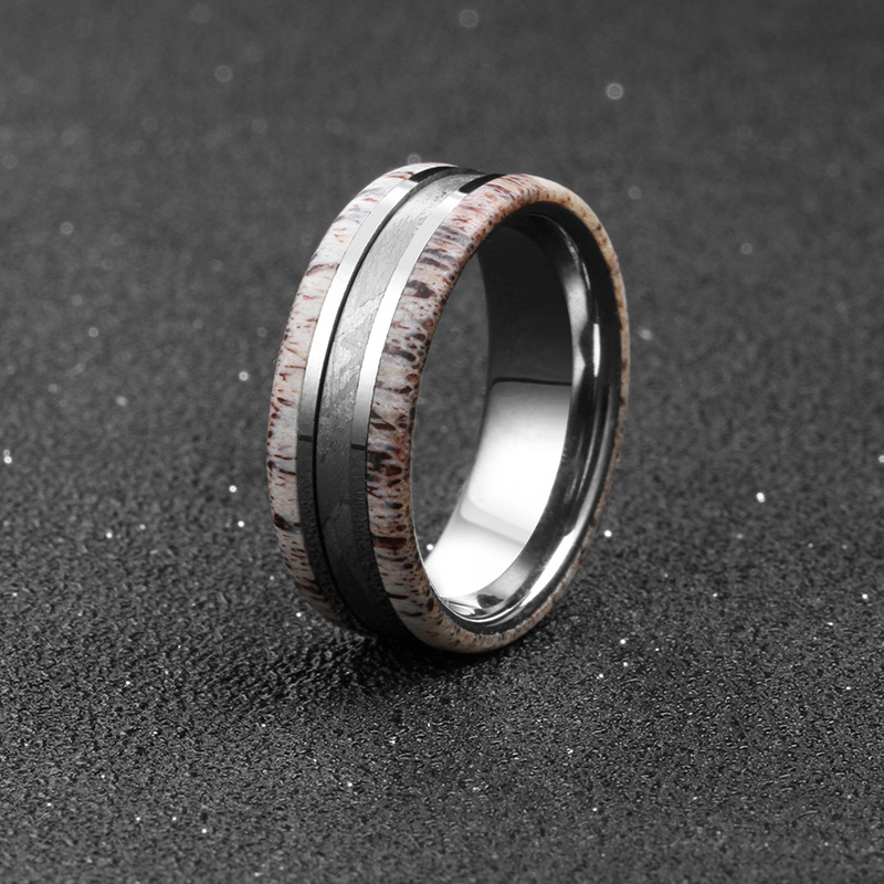 His Her Anniversary Unique Gift TIZTI Ring 8mm Dome Deer Antler and Real Meteorite inlay Tungsten Luxury Wedding Bands