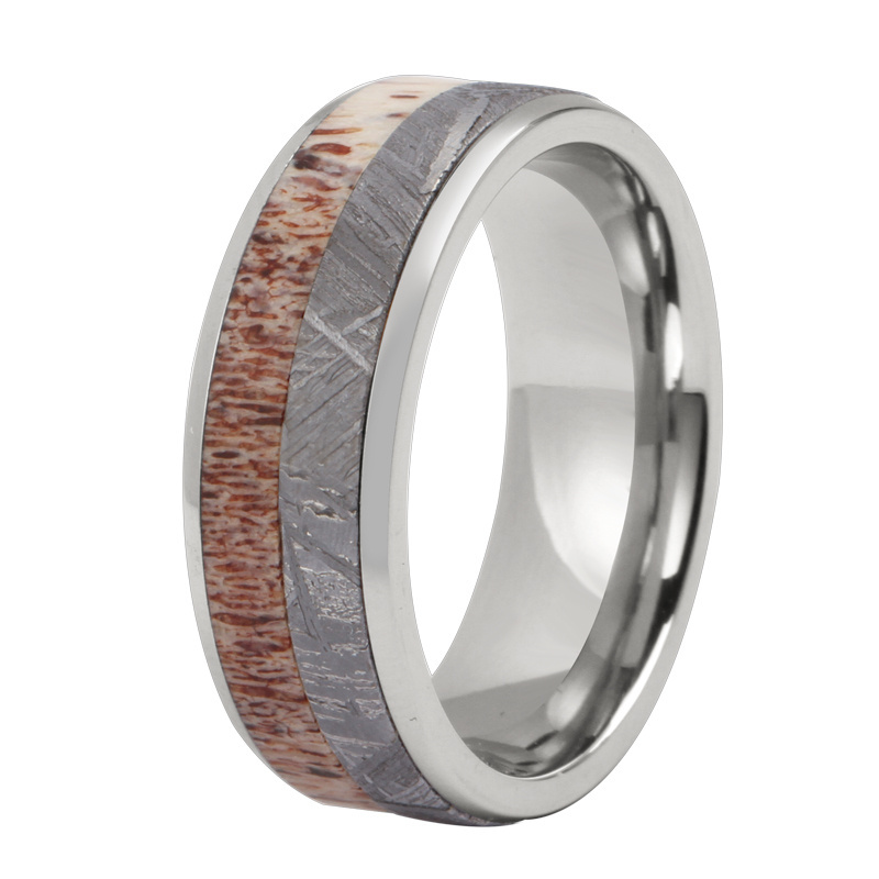 His Her Anniversary Unique Gift TIZTI Ring 8mm Dome Deer Antler and Real Meteorite inlay Tungsten Luxury Wedding Bands