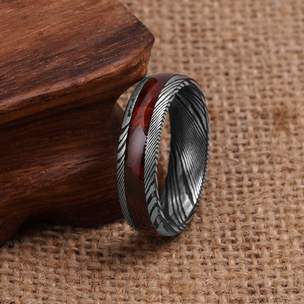 6mm 8mm Custom Logo Handmade Black Damascus Steel inlay Wood Couple Rings Fashion Mens Wedding Bands