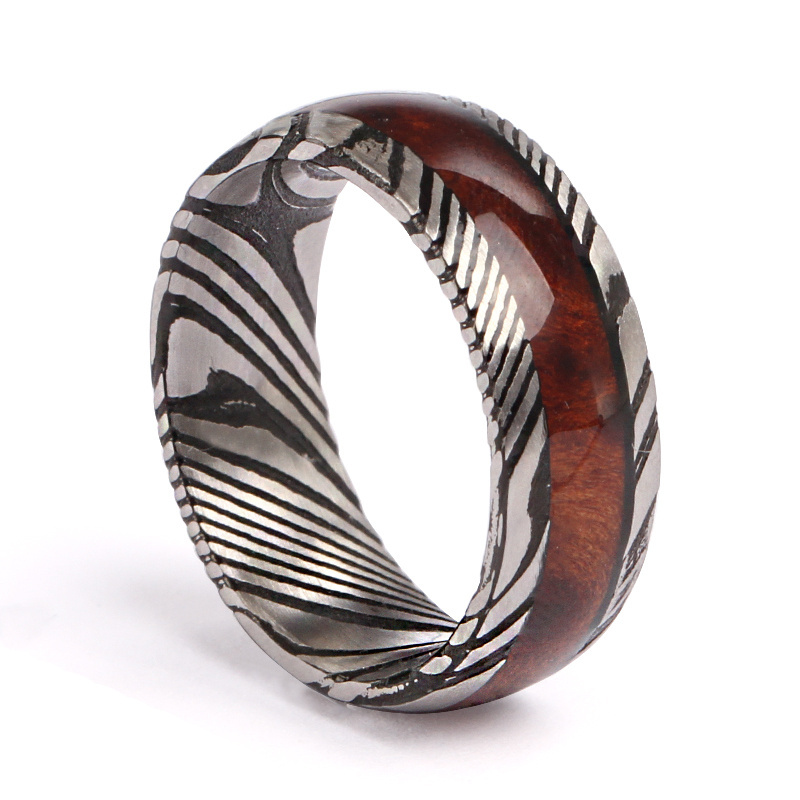 6mm 8mm Custom Logo Handmade Black Damascus Steel inlay Wood Couple Rings Fashion Mens Wedding Bands