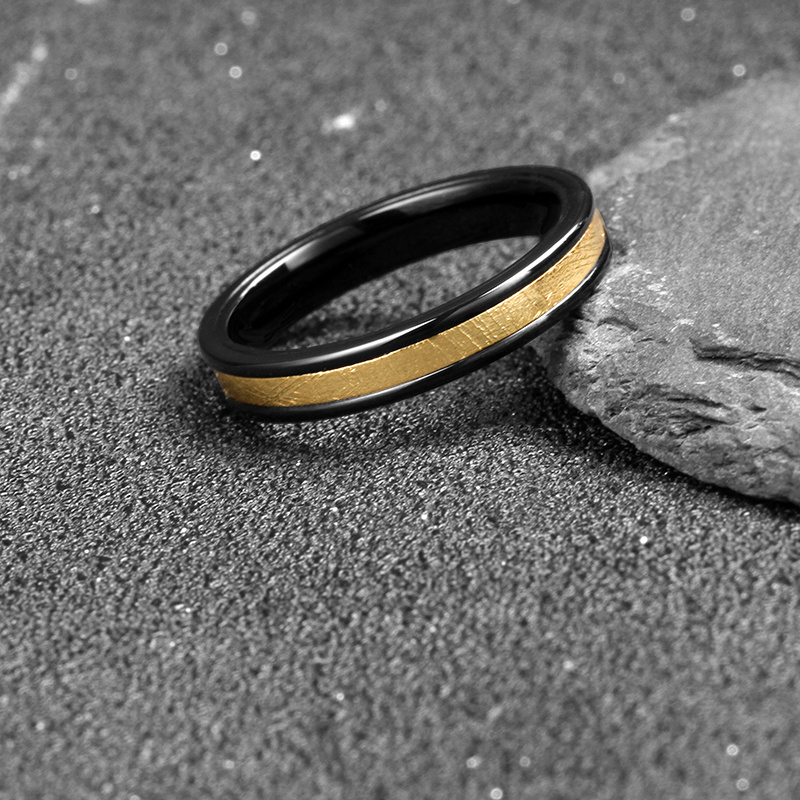 Stainless Steel Thin Width Groove Center Gold Plating Genuine Meteorite Women Ring Black Zirconium Wedding Band