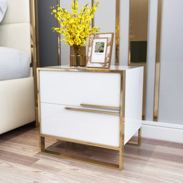 Pearl White Wooden Bedroom Bedside Table Night Stand with Two Drawers