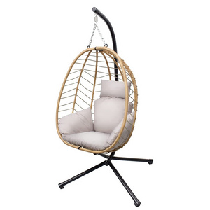 Foldable Wicker Rattan Hanging Egg Hammock Chair, Swing Egg Chair with Stand and Cushions, Pillow