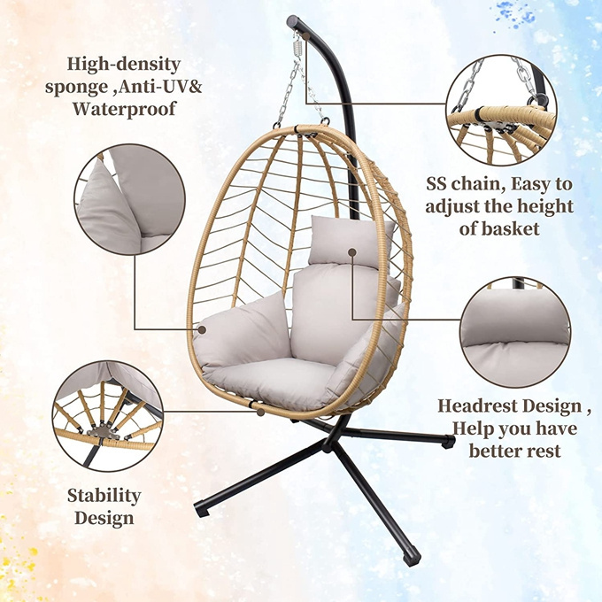 Foldable Wicker Rattan Hanging Egg Hammock Chair, Swing Egg Chair with Stand and Cushions, Pillow