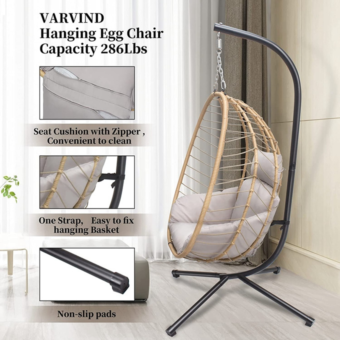 Foldable Wicker Rattan Hanging Egg Hammock Chair, Swing Egg Chair with Stand and Cushions, Pillow