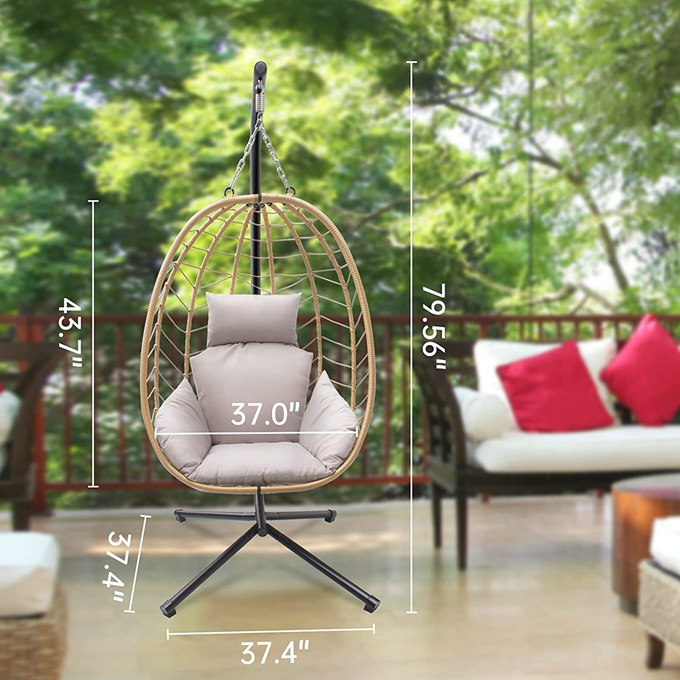 Foldable Wicker Rattan Hanging Egg Hammock Chair, Swing Egg Chair with Stand and Cushions, Pillow