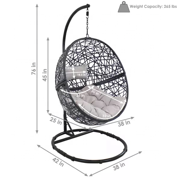 1-Person Oval Egg chair Rattan Black Metal Frame K/D Basket Hanging Egg Chair