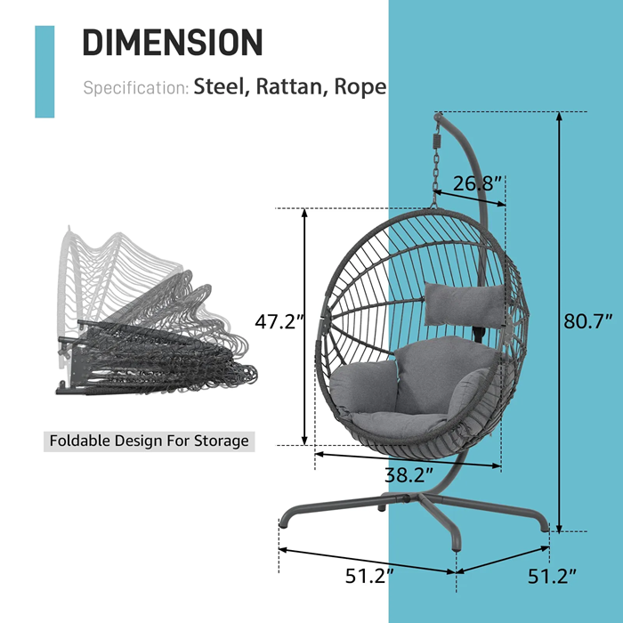 Patio Wicker Black Aluminum Frame Hanging Egg Cocoon Chair With Stand, Rope waved Indoor outdoor Swing Hammock chair