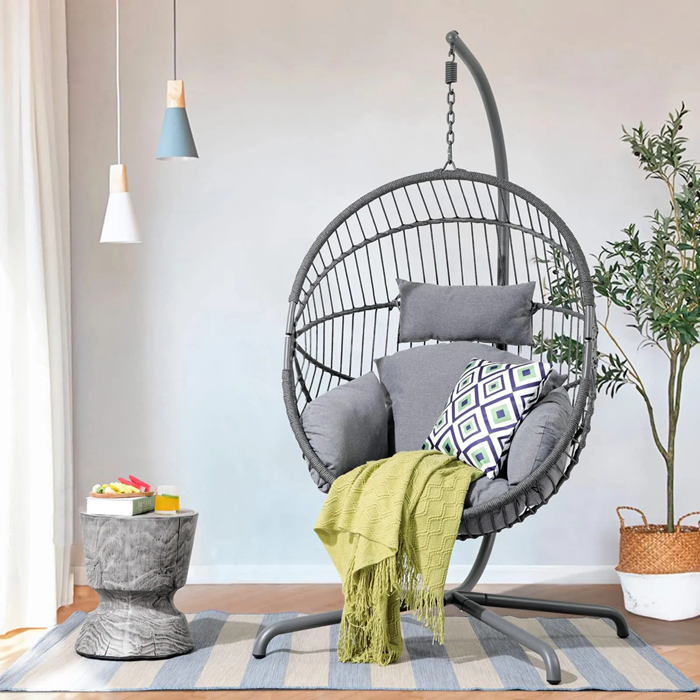 Patio Wicker Black Aluminum Frame Hanging Egg Cocoon Chair With Stand, Rope waved Indoor outdoor Swing Hammock chair