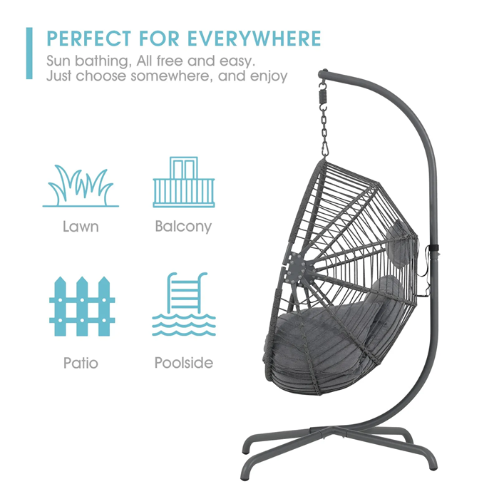 Patio Wicker Black Aluminum Frame Hanging Egg Cocoon Chair With Stand, Rope waved Indoor outdoor Swing Hammock chair