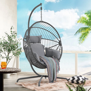 Patio Wicker Black Aluminum Frame Hanging Egg Cocoon Chair With Stand, Rope waved Indoor outdoor Swing Hammock chair