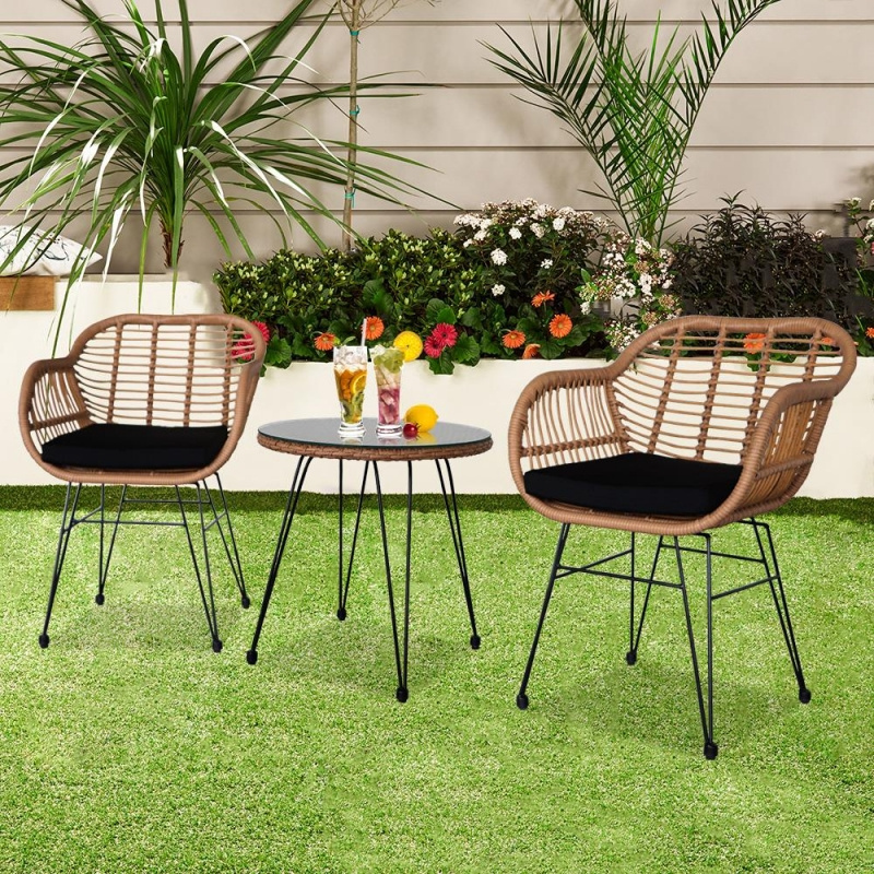 Patio Bistro Set Modern Wicker Patio Furniture 2 Rattan Chairs with Cushions and Coffee Table for Porch Lawn Garden Balcony