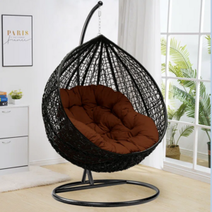 16 Years Manufacturer High Quality PE Rattan Waved Metal Stand Cocoon Hanging Swing Black Large Basket Egg Chair for Garden